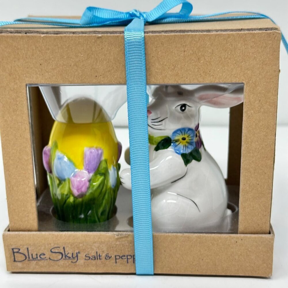 Blue Sky Bunny Egg Ceramic Salt Pepper Shaker Set Easter Spring Collectible